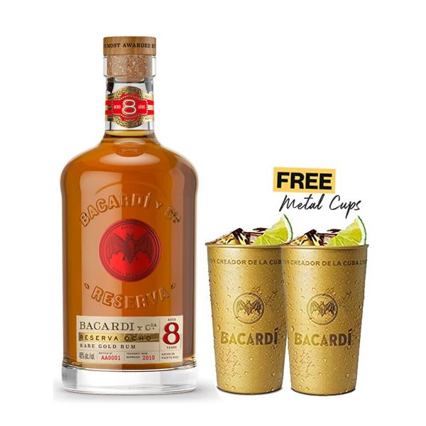 Bacardi Gran Reserva Ron Anos 8 Year Rum 70cl + 2x FREE Metal Cups