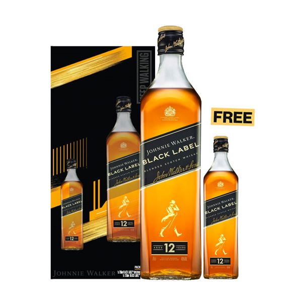 Johnnie Walker Black Label Blended Scotch Whisky 75cl + 1x FREE 20cl