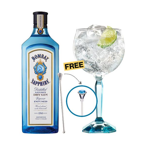 Bombay Sapphire London Dry Gin 75cl + 1x FREE Glass & Stirrer