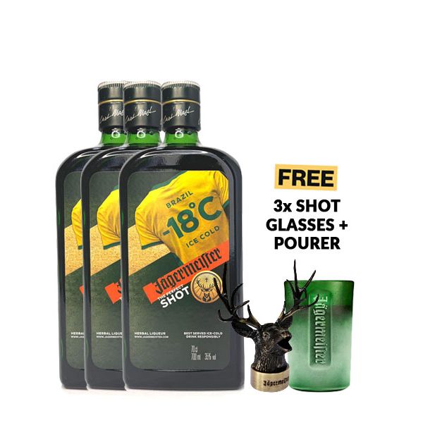 3x Jägermeister Herbal Liquor 70cl - World Cup Edition + 3 Shot Glasses & Pourer