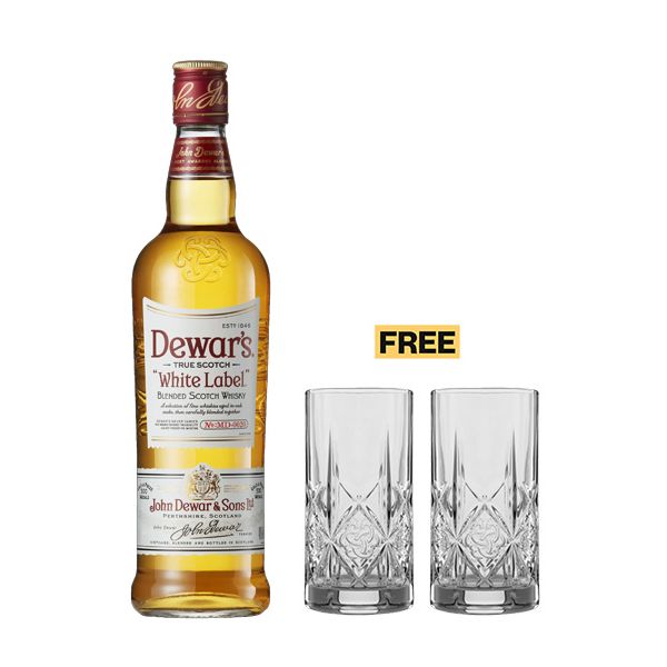 Dewar's White Label Blended Scotch Whisky 75cl + 2x FREE Glasses