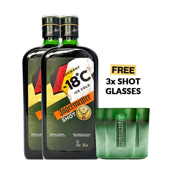 2x Jägermeister Herbal Liquor 70cl - World Cup Edition + 3 Shot Glasses