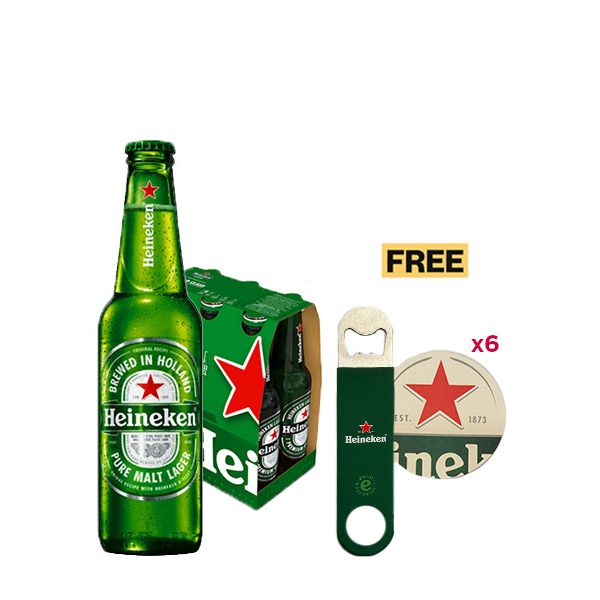 Heineken Pure Malt Lager - Pack of 6x 330ml + 1x Speed Opener & 6x Coasters