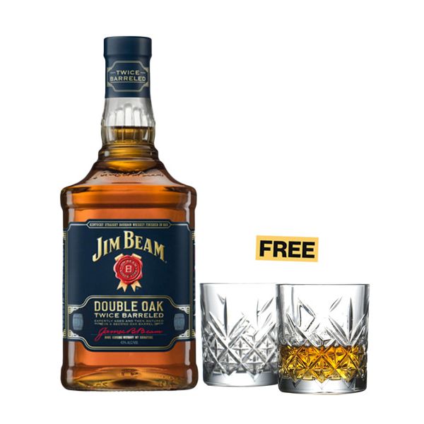 Jim Beam Double Oak Bourbon Whiskey 75cl + 2x FREE Glasses