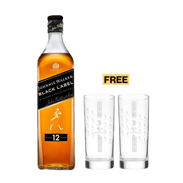 Johnnie Walker Black Label Blended Scotch Whisky 75cl +2x FREE Glasses