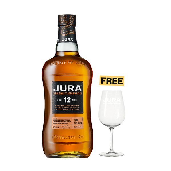 Jura 12 Years Old Single Malt Scotch Whisky 70cl + 1x FREE Glass
