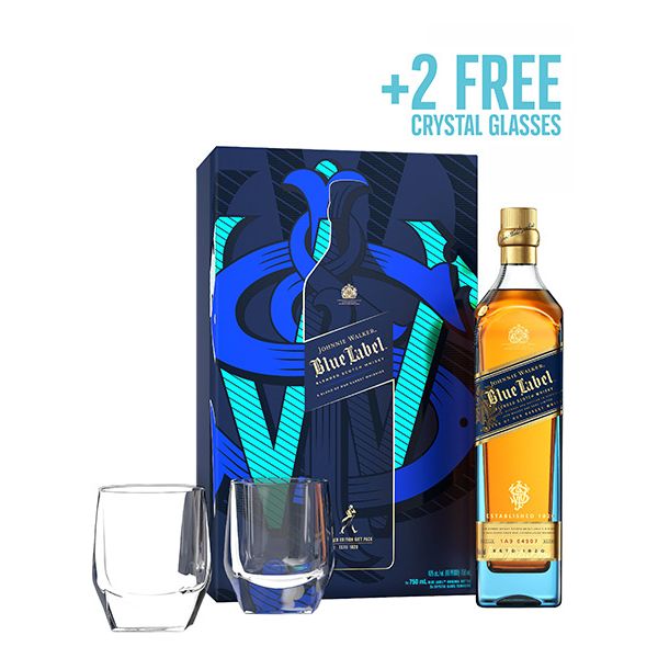Johnnie Walker Blue Label Blended Scotch Whisky 70cl + 2x FREE Crystal Glasses