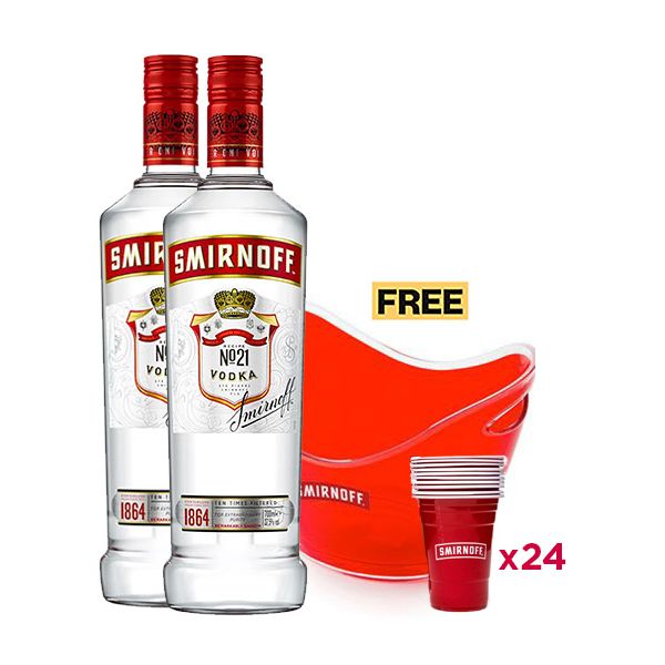 2x Smirnoff Red Label Vodka 70cl + 1x FREE Ice Bucket & 24x FREE Plastic Cups